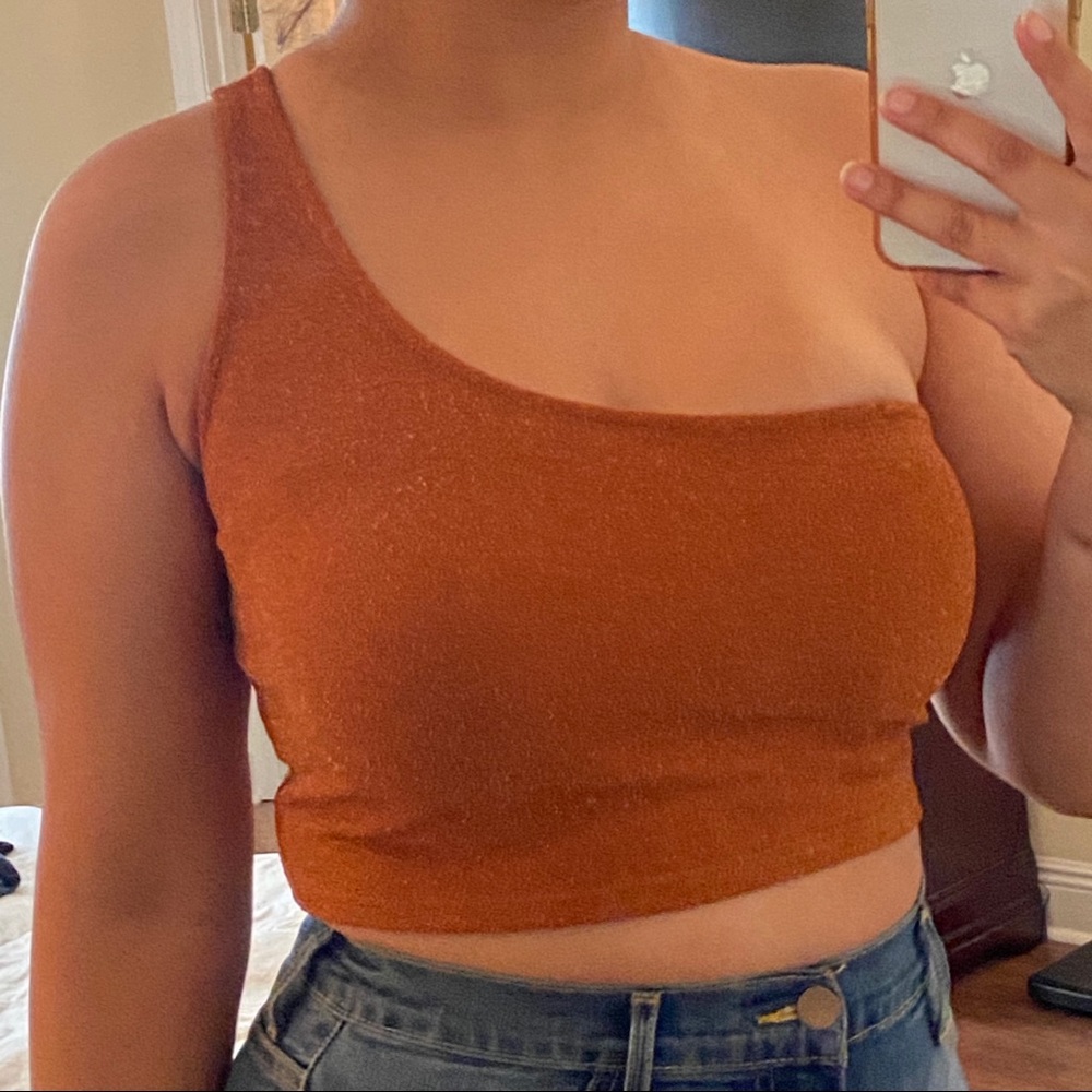 Orange glitter one shoulder crop top
